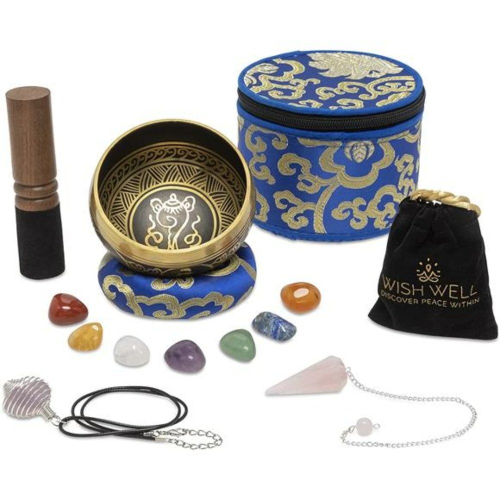 Tibetan Singing Bowl Set ~ 4" Sound Bowl with 7 Chakra Crystal Stones